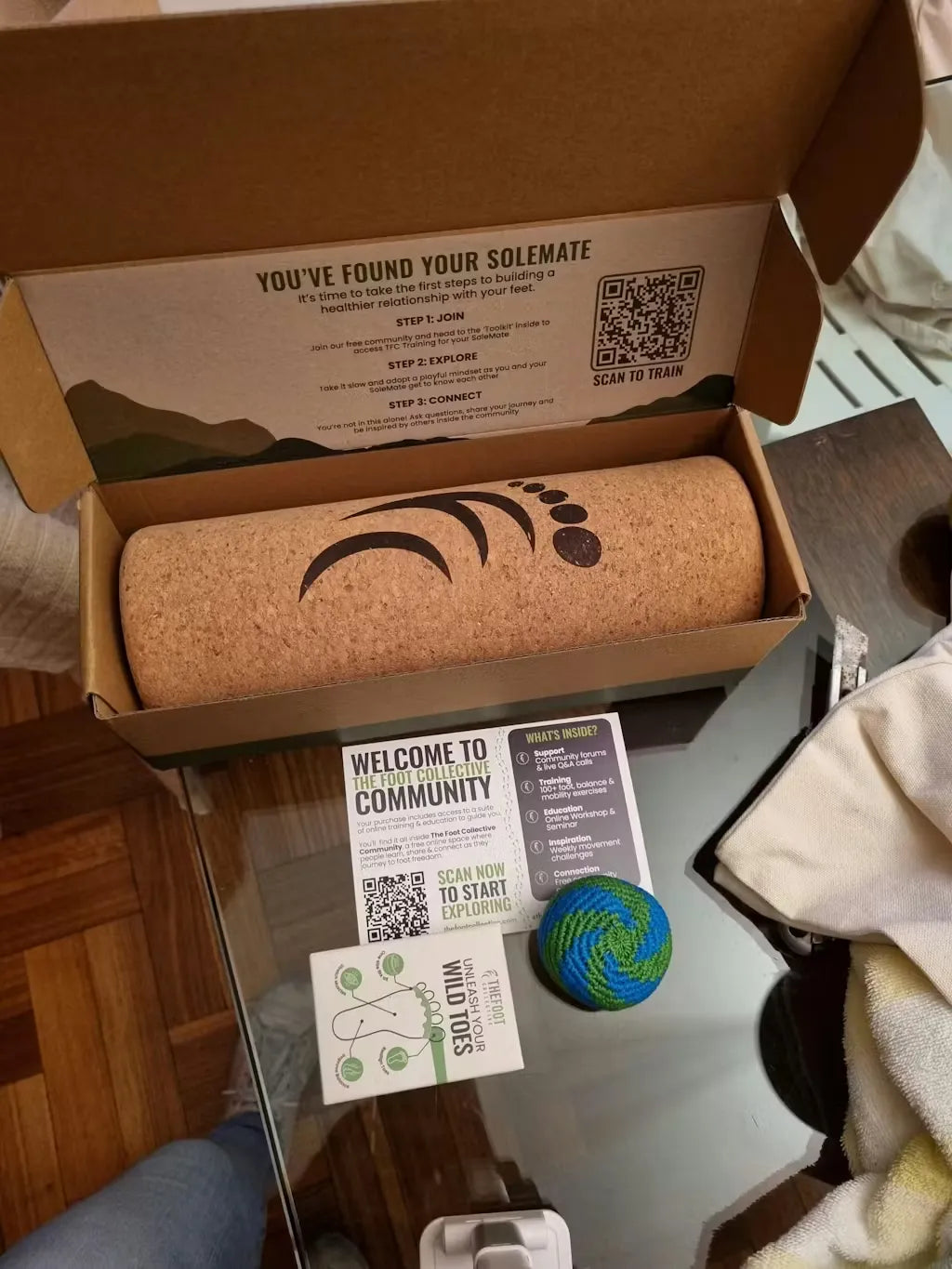 Customer photo of SoleMate foot training kit used for bunion correction and balance training