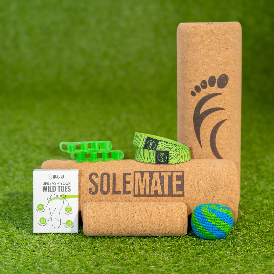 SoleMate foot training kit including cork balance tools, toe spacers and resistance bands designed to improve bunion alignment and strengthen feet