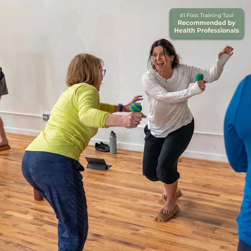Person performing foot strengthening exercise using SoleMate balance tool to improve bunion alignment and stability